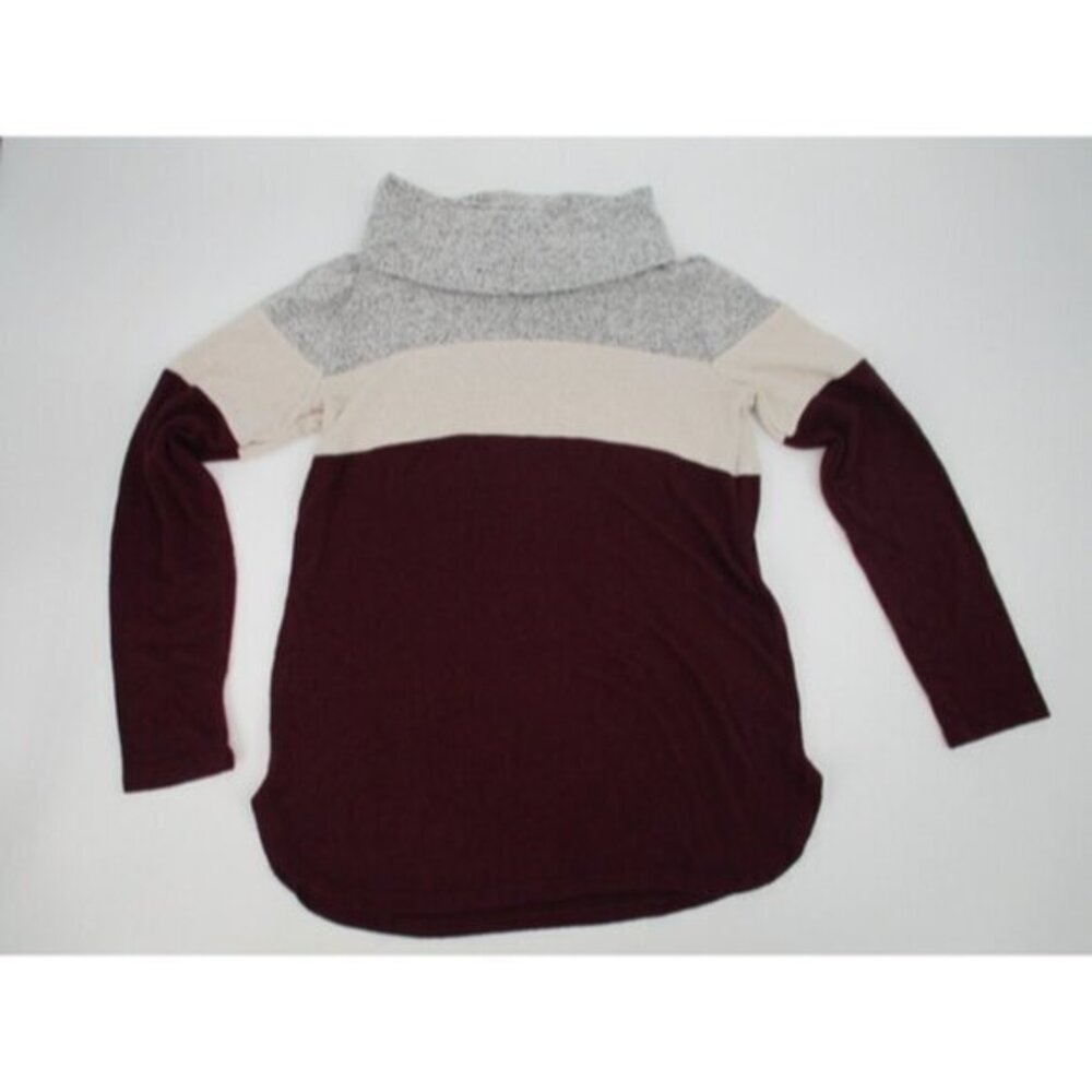 Market & Spruce Womens Medium Turtleneck Sweater Burgundy Cream Gray Colorblock